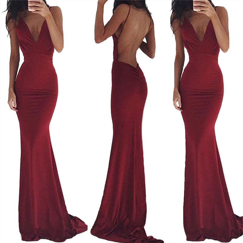 Women's Dresses Milk Silk Sling Sexy Backless Trailing Annual Party Evening Dress