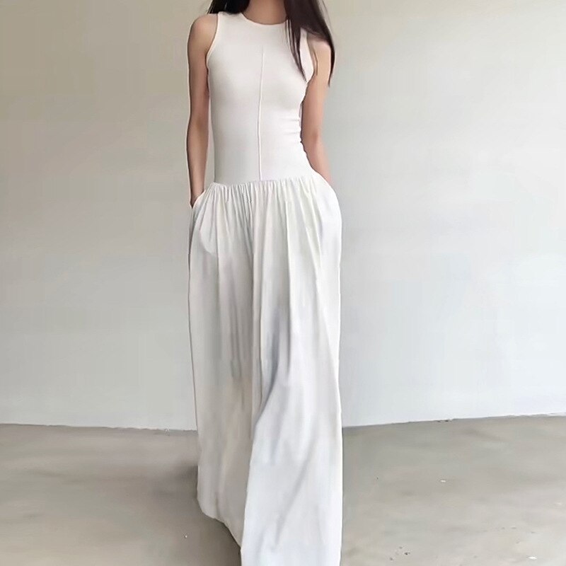 Summer Minimalist Style Women Sleevless Knit Patchwork Casual Long Dress