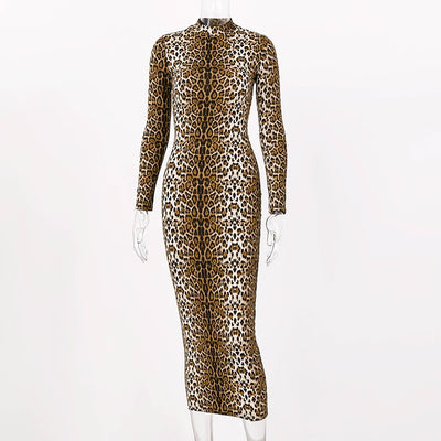 Hugcitar leopard print long sleeve slim bodycon sexy dress autumn winter women streetwear party festival dresses outfits