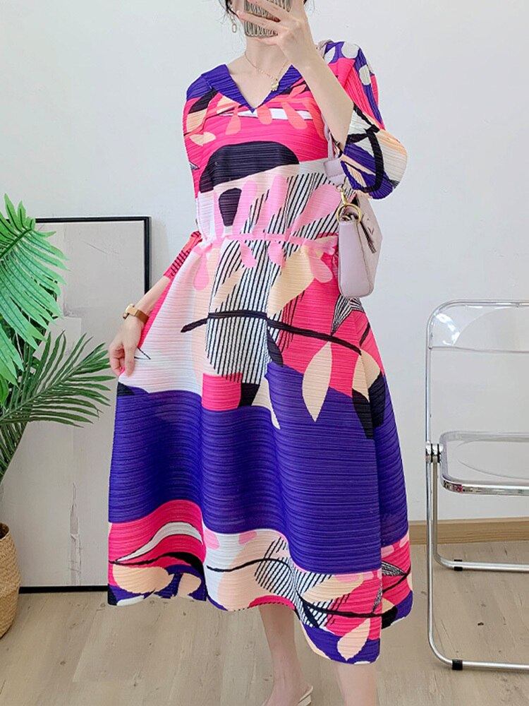 Pleated Dress For Women Fashion Printed Round Neck Long Sleeves Drawstring Dresses Female Clothing