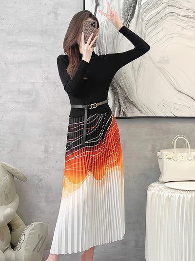 Runway Designer Patchwork Knitting Black Orange Pleated Midi Dresses For Women Backless Elegant Winter Dresses - The Grace