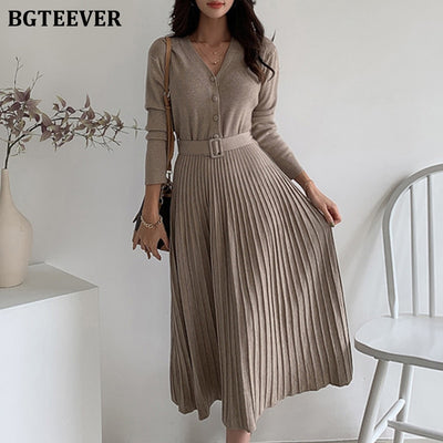 BGTEEVER Elegant V-neck Single-breasted Women Thicken Sweater Dress Autumn Winter Knitted Belted Female A-line soft dresses