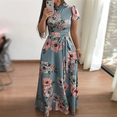 Women Summer Dress  Casual Short Sleeve Long Dress Boho Floral Print Maxi Dress Turtleneck Bandage Elegant Dresses Vestido