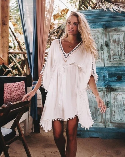 Beach Cover Up Swimsuit White V Neck Bat Sleeves Loose Beach Dresses Swimwear Women Bikini Bathing Suit Summer Beach Wear