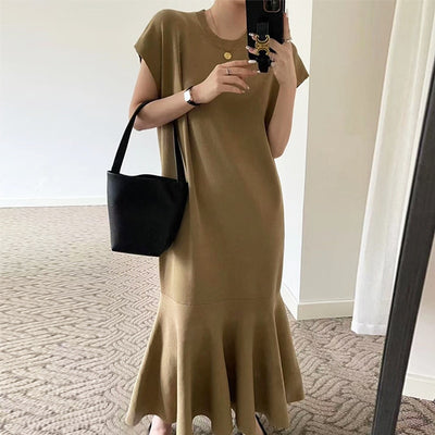 [EWQ] Women Fashion Trumpet Knit Dress O-neck Loose Causal Knitting Short Sleeve Dresses Summer New Tide Vestidos 16Y9116