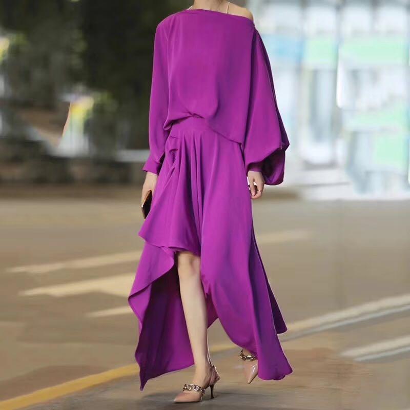 Woman Dress Lanter Sleeve Loose Asymmetrical Design Elegant Purple Solid Slash Neck Ruffled Dresses New Autumn