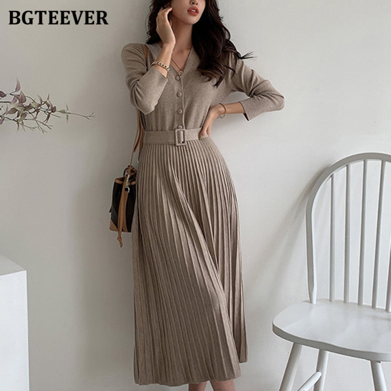 BGTEEVER Elegant V-neck Single-breasted Women Thicken Sweater Dress Autumn Winter Knitted Belted Female A-line soft dresses