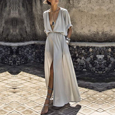 Summer Women Loose Pockets Maxi Dress Bohemian Sexy Deep V-Neck Long Dress Casual Short Batwing Sleeve Split Dresses