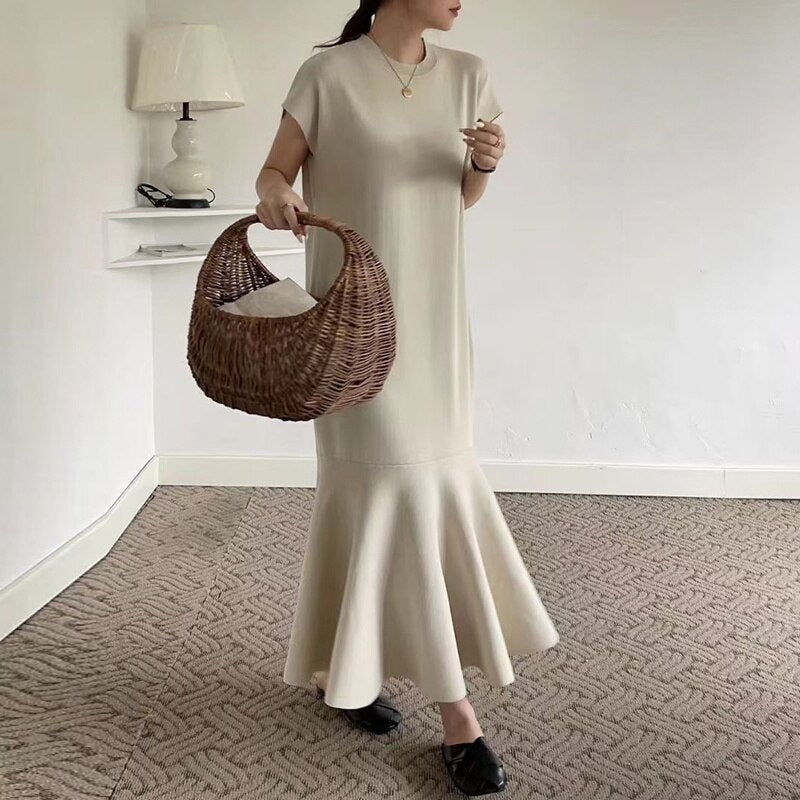 [EWQ] Women Fashion Trumpet Knit Dress O-neck Loose Causal Knitting Short Sleeve Dresses Summer New Tide Vestidos 16Y9116