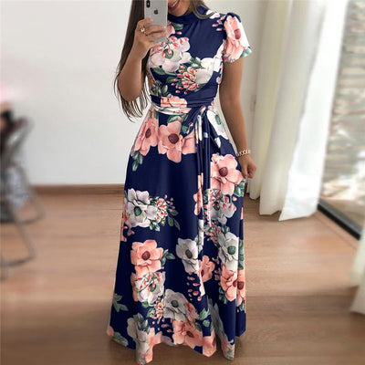 Women Summer Dress  Casual Short Sleeve Long Dress Boho Floral Print Maxi Dress Turtleneck Bandage Elegant Dresses Vestido