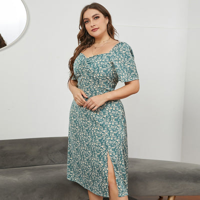 New plus Size Women French Square Neck Waist Open Long Floral Dresses Summer JR5031 - The Grace