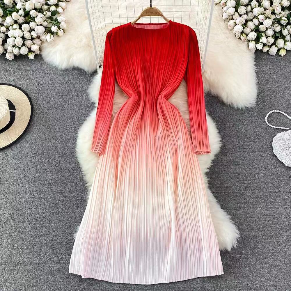 Gradient Dress Women O-Neck Short Sleeve Loose Casual Folds New Fashion Korean Fashion Traf Midi Dresses