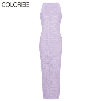 European High Quality Purple Knitted Dresses Women Luxury Designer Elegant O-neck Sleeveless Midi Summer Dress 2023