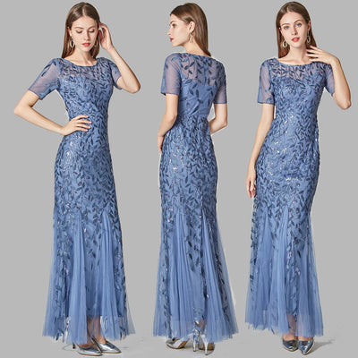 Slim mesh sequined evening dress fishtail dress for women