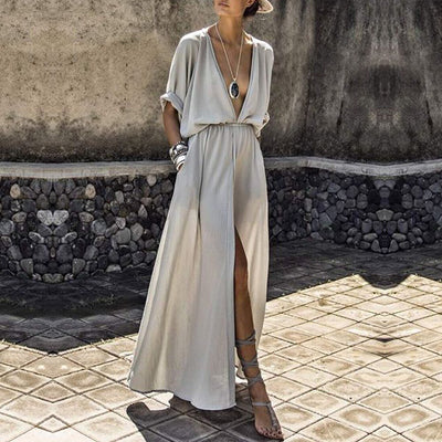 Summer Women Loose Pockets Maxi Dress Bohemian Sexy Deep V-Neck Long Dress Casual Short Batwing Sleeve Split Dresses