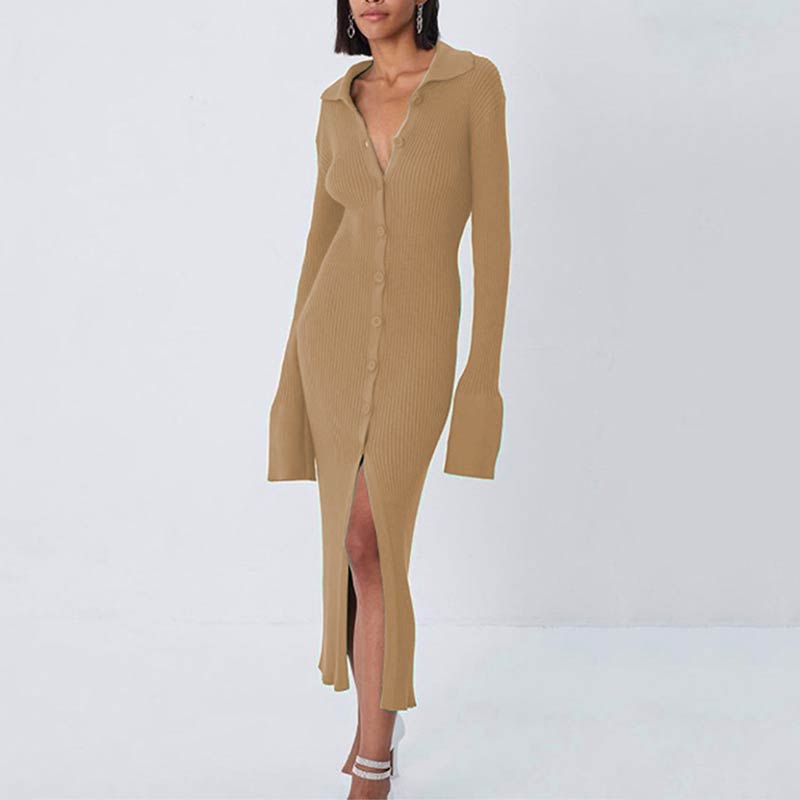 Y2K Women Bodycon Knitted Dress Lady Single Breasted Lanter Sleeve Elegant Female Turn Down Collar Mid Split Slim Dresses Autumn