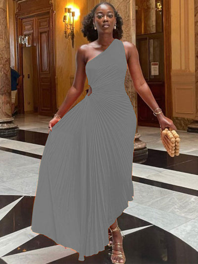 Lady Roll Waist Sleeveless Pleated Ruched A-line Dress Women One Shoulder Sexy Prom Evening Dresses Fahion Chothing