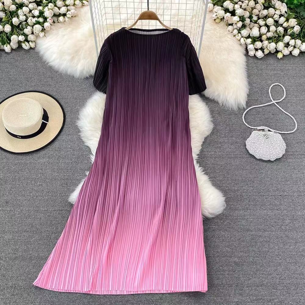 Gradient Dress Women O-Neck Short Sleeve Loose Casual Folds New Fashion Korean Fashion Traf Midi Dresses