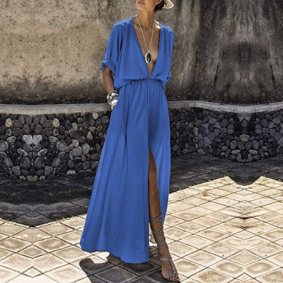 Summer Women Loose Pockets Maxi Dress Bohemian Sexy Deep V-Neck Long Dress Casual Short Batwing Sleeve Split Dresses