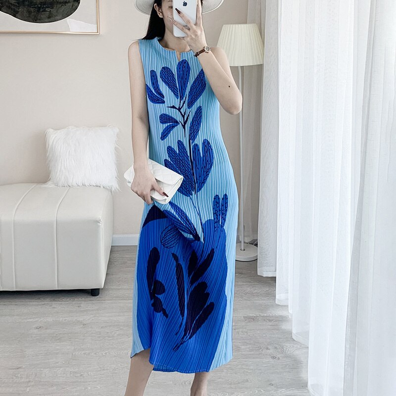 Pleated Dress Women Designer Printed V-neck Sleeveless A-line Contrast Color Dresses Female Clothing