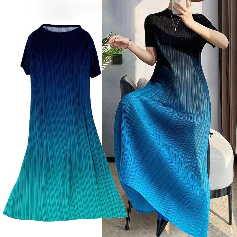 Gradient Dress Women O-Neck Short Sleeve Loose Casual Folds New Fashion Korean Fashion Traf Midi Dresses