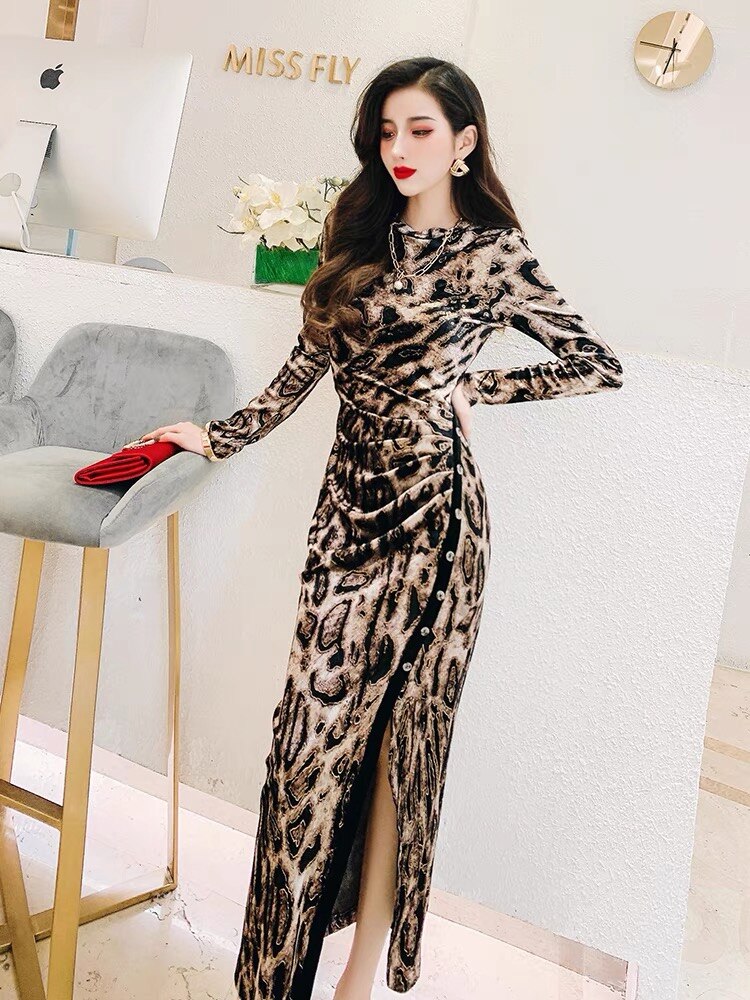 Designer Slimy Pencil Midi Dress Split Bodycon Leopard Velvet Sexy Buttons Brown Party Night Dresses For Women