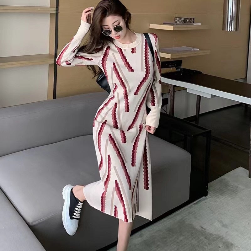 Women Autumn Winter Fashion Sweater Midi Dress Warm Knit Striped Long Thick Dresses