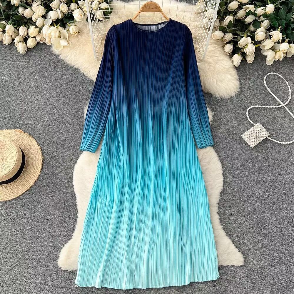 Gradient Dress Women O-Neck Short Sleeve Loose Casual Folds New Fashion Korean Fashion Traf Midi Dresses