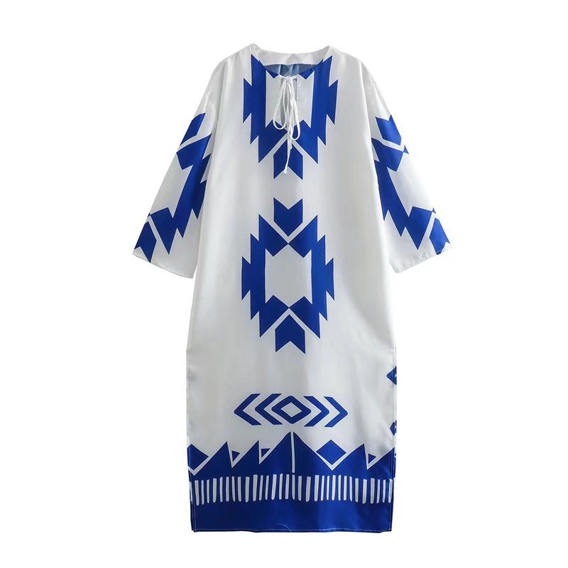 Printed Kaftans For Women Blue White Boho Long Dress Women Summer Dresses Woman Loose Casual Dresses