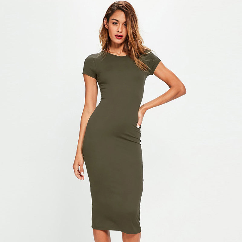 Women Summer Dress 2018 Short Sleeve O Neck Cotton Slim Bodycon Dresses Army Green Black Basic Casual Midi Dress