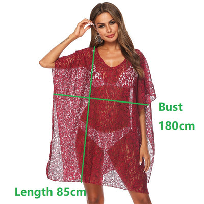 Summer Beach Dress Bikini Cover Up Tunic Women Red Chiffon Bathing Suit Sexy See Through Swimsuit Dresses Mesh Beachwear