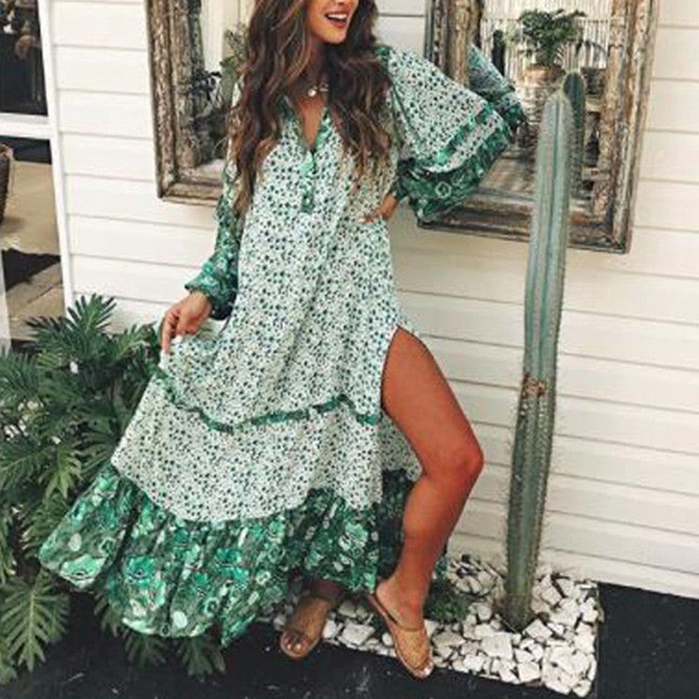 Plus size Long Flower Dress Retro Bohemian Maxi Dress Sexy Ethnic Deep V-neck Floral Print Beach Dresses