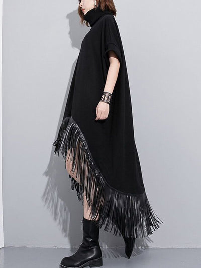 Women Summer Large Size Tassel Dresses High Collar Loose A-line Dresses Short-sleeved Tassel Dress Women