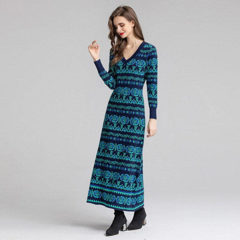 S-XXL Women Knitted Maxi Dress Vintage Bohemian Pattern Embroidery V-neck Autumn Casual Dresses