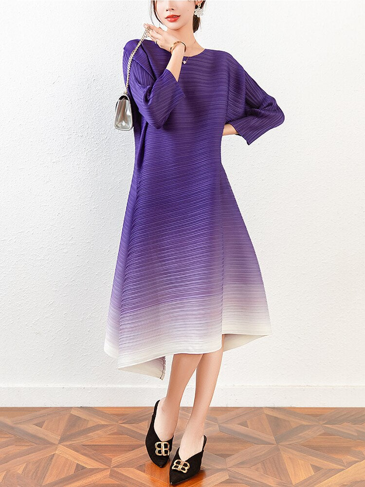 Women Pleated Dress Gradient Color O-neck Elegant Loose Waist Long Sleeve Dresses - The Grace