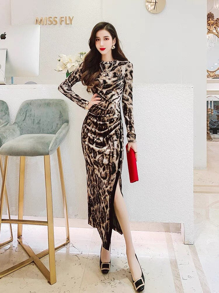 Designer Slimy Pencil Midi Dress Split Bodycon Leopard Velvet Sexy Buttons Brown Party Night Dresses For Women