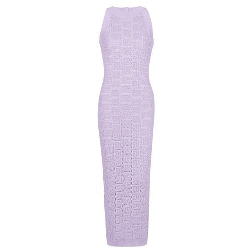 European High Quality Purple Knitted Dresses Women Luxury Designer Elegant O-neck Sleeveless Midi Summer Dress 2023