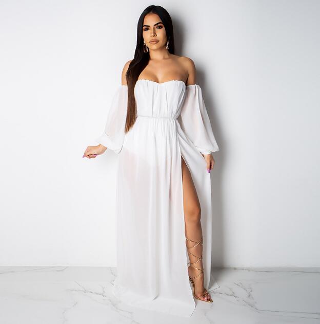 Boho Summer Maxi Dress Women Off Shoulder Long Sleeve White Chiffon Beach Dress Sexy High Split Elegant Long Party Dresses