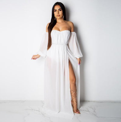 Boho Summer Maxi Dress Women Off Shoulder Long Sleeve White Chiffon Beach Dress Sexy High Split Elegant Long Party Dresses