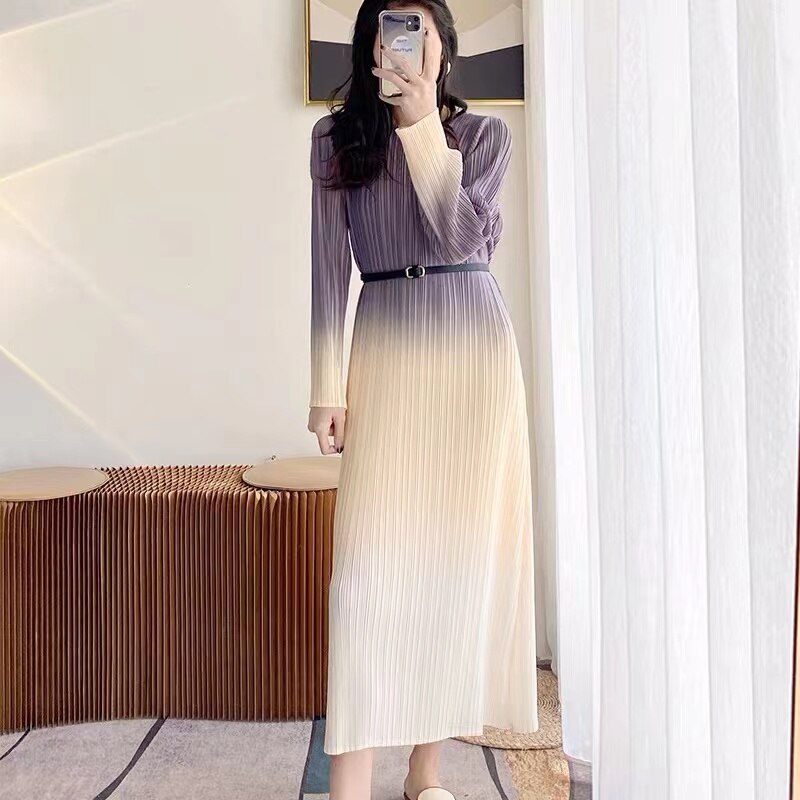 Gradient Dress Women O-Neck Short Sleeve Loose Casual Folds New Fashion Korean Fashion Traf Midi Dresses