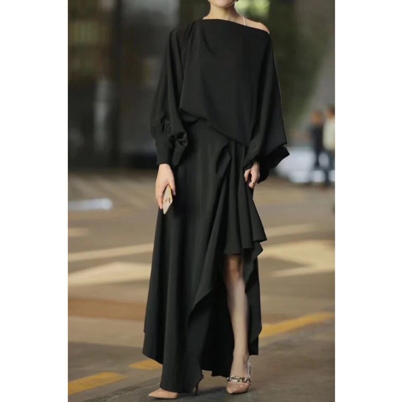 Woman Dress Lanter Sleeve Loose Asymmetrical Design Elegant Purple Solid Slash Neck Ruffled Dresses New Autumn