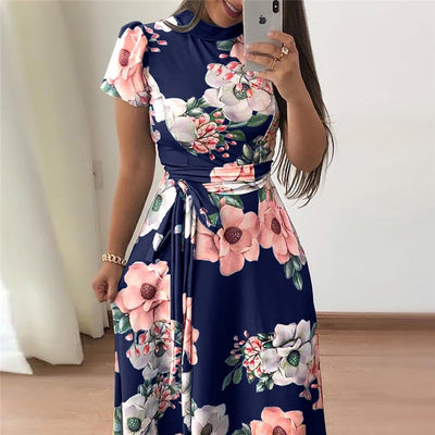 Women Summer Dress  Casual Short Sleeve Long Dress Boho Floral Print Maxi Dress Turtleneck Bandage Elegant Dresses Vestido