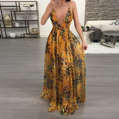 Women Dresses Summer Sexy Maxi Boho Style Print Party Dress Deep V Neck Backless Long Dress