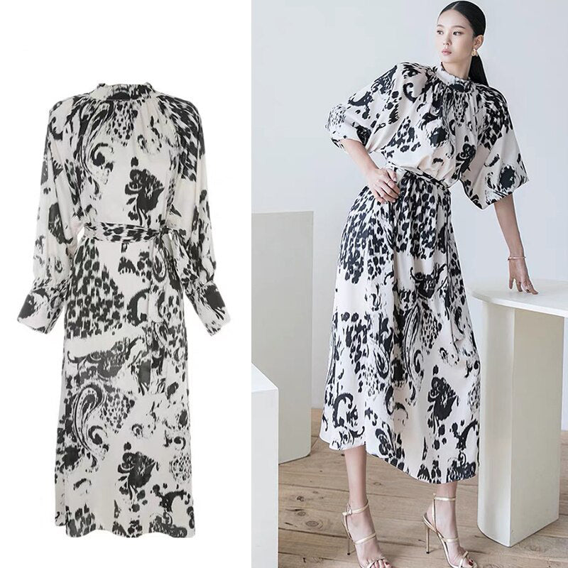 Women Designer Gray Printed Stand Collar Lantern Sleeve Maxi Dresses Lady Casual Party Backless Fashion Dresses Party New