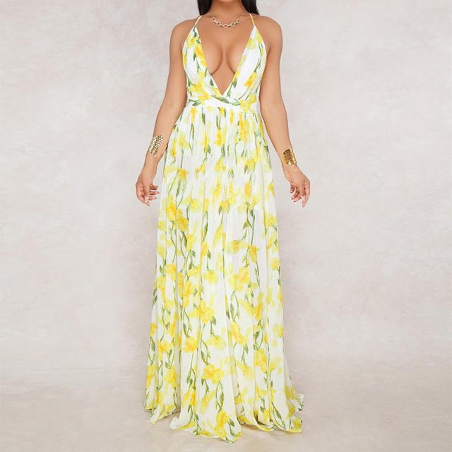 Women Dresses Summer Sexy Maxi Boho Style Print Party Dress Deep V Neck Backless Long Dress