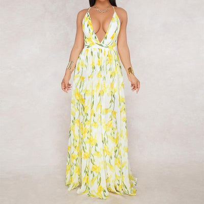 Women Dresses Summer Sexy Maxi Boho Style Print Party Dress Deep V Neck Backless Long Dress