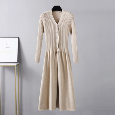 Winter Long Knit V Neck Women A Line Sweater Dress Single Breasted Pleated Dresses Christmas Party Holidays Dresses - The Grace