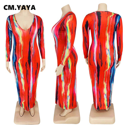 Women Plus Size Dress Tie Dye Full Sleeve V-neck Stretchy Skinny Boydcon Pencil Long Maxi Dresses Sexy Vestidos Autumn