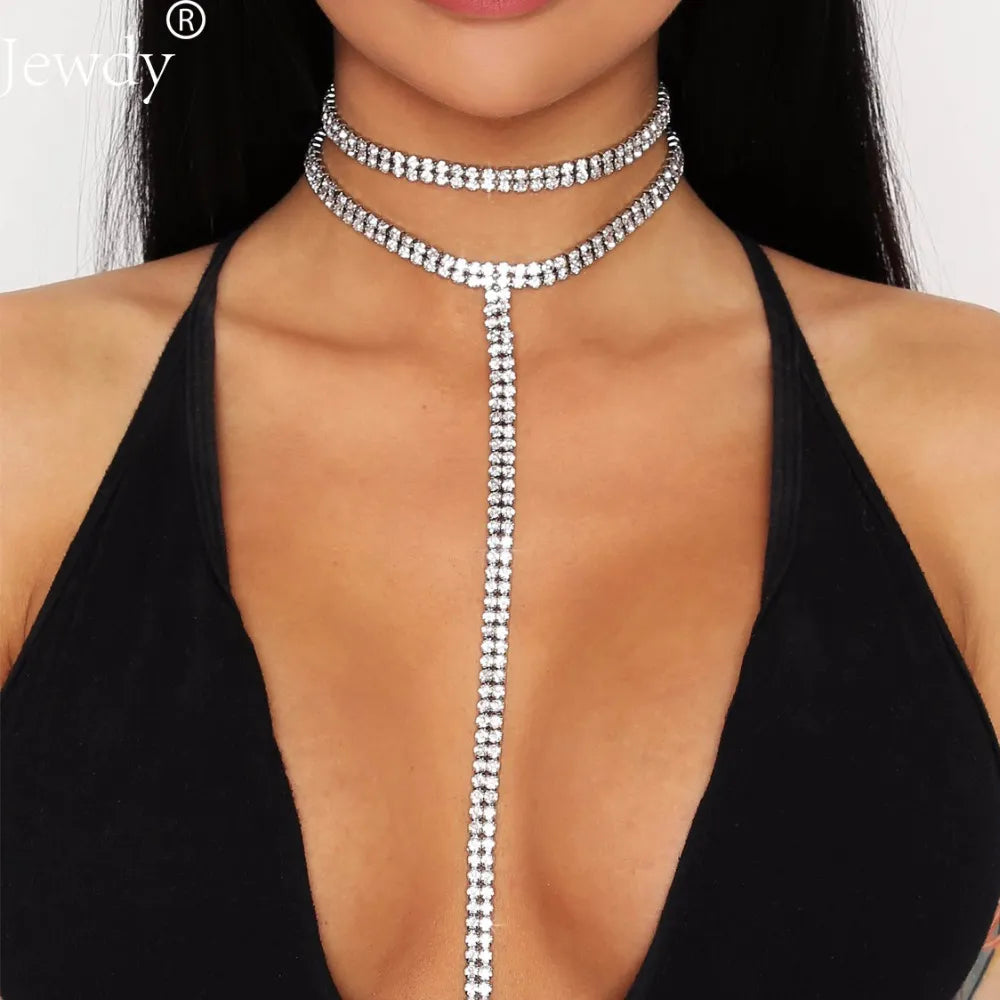 Rhinestone Double Choker Necklaces Lariat Chain Pendant 90s Collier Women Chocker Statement Maxi Collar Wedding Jewellery