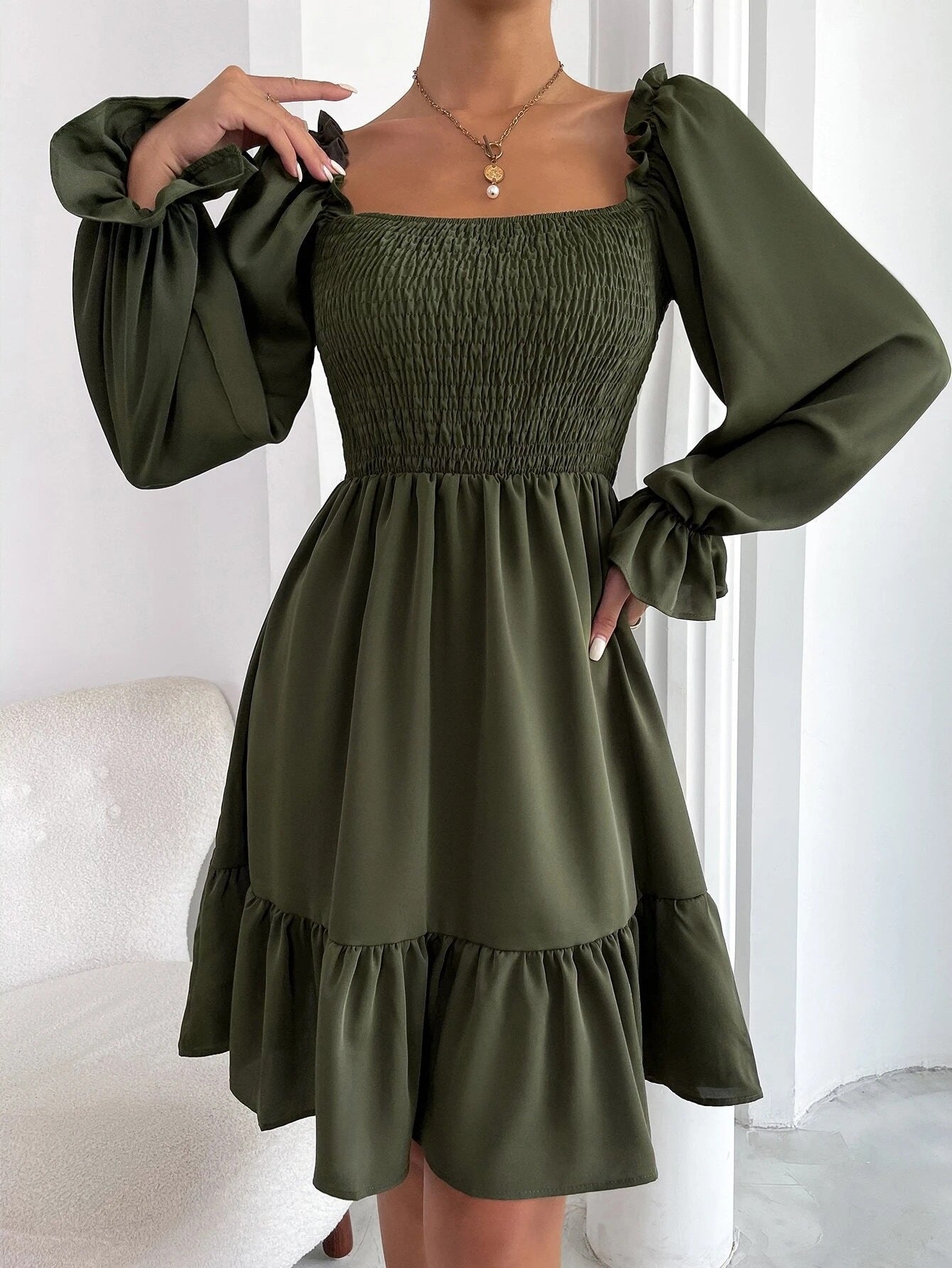 Flared Long Sleeve Dresses Women Square Neck Ruffled Swing Dress - The Grace